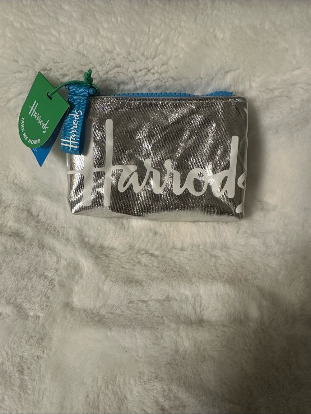 Harrods Metallic Silver Wristlet Pouch with Blue Accent